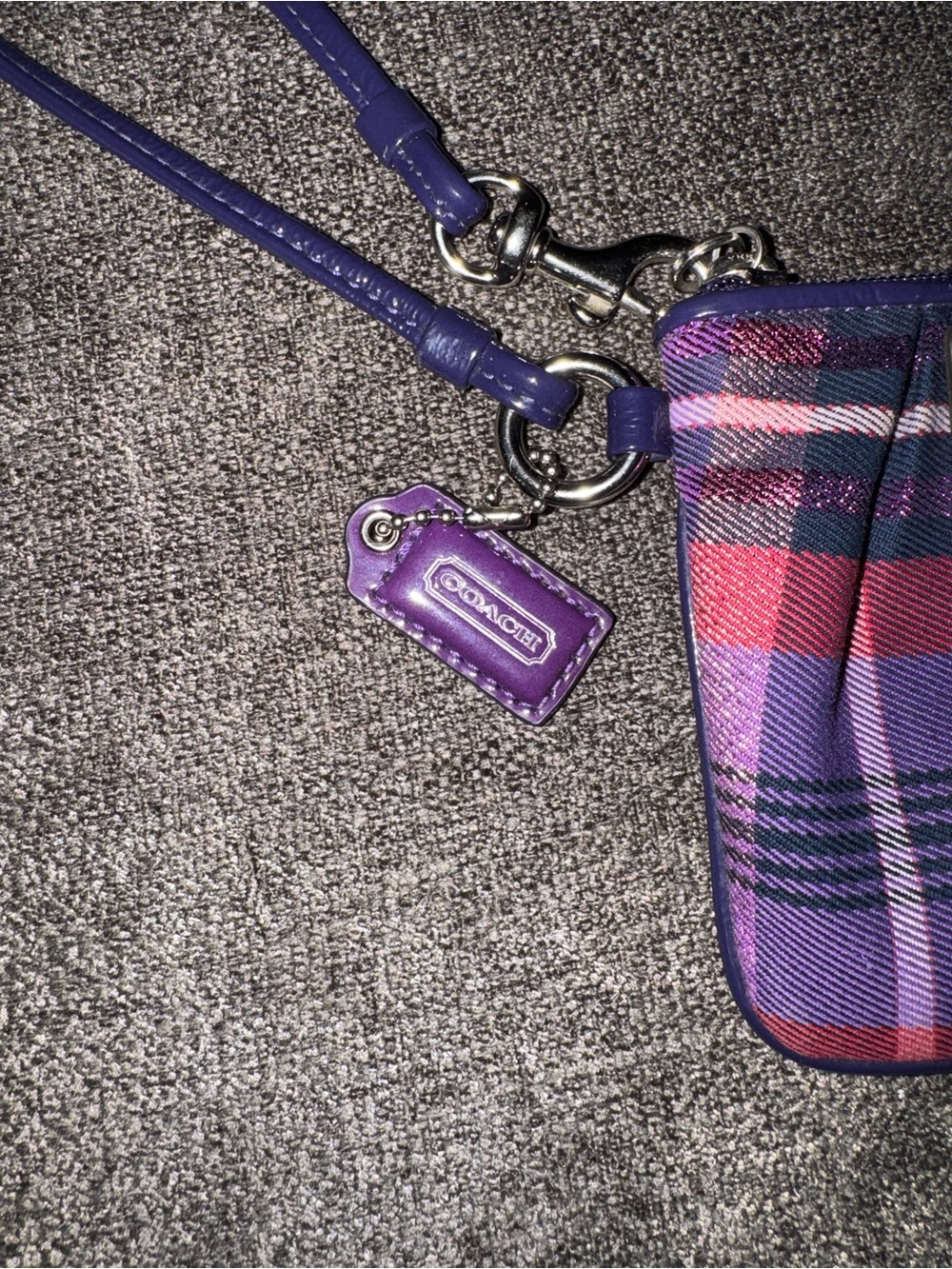 Coach Purple Plaid Wristlet with Silver Logo Plate - Picture 3 of 4